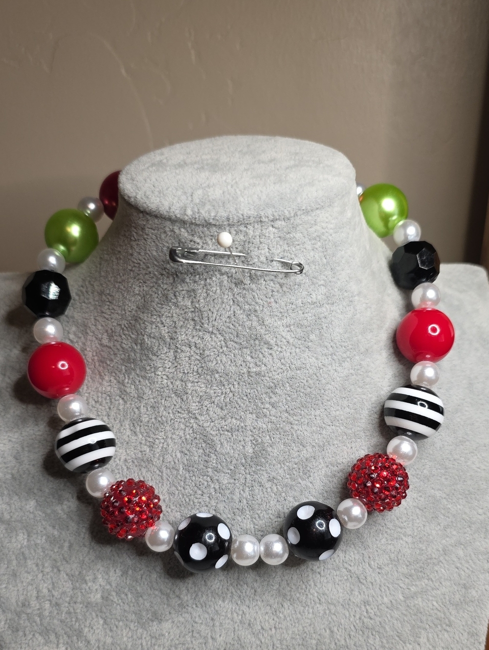 Acrylic Bead Necklace Red, Black, White, Lime-Green Minnie Mouse Rockabilly